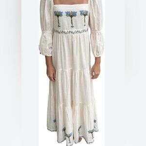 ANNA CATE Scarlet Maxi Dress In Ivory And Blue Embroidery